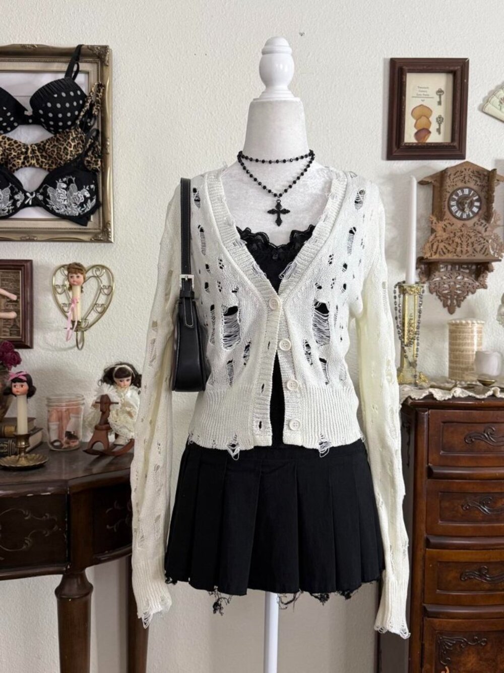 Alt girly grunge cream white distressed preppy cardigan